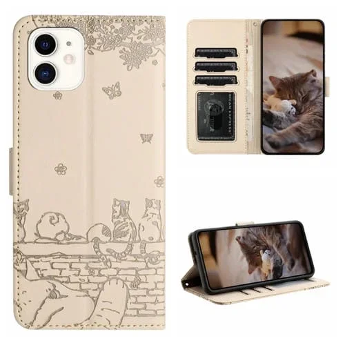 Funda de Cuero para iPhone 12 Mini Cat Relieve Patrón con Cordón (Beige)