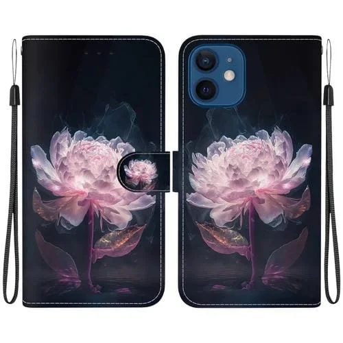 Funda de cuero para iPhone 12 Mini con dibujo coloreado y textura de cristal (Peonía Púrpura)