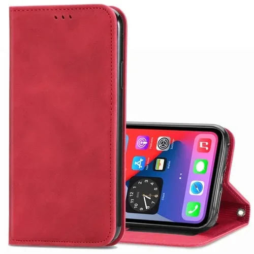Funda de Cuero para iPhone 12 Mini Retro Skin Feel Business con Tapa Horizontal Magnética Soporte Ranuras Tarjetas Billetera Marco de Fotos (Rojo)