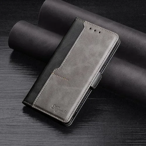 Funda de Cuero para iPhone 12 Mini Retro Textura Contraste Color Hebilla Lateral con Tapa Horizontal Soporte y Ranuras para Tarjetas (Negro)