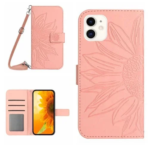 Funda de Cuero para iPhone 12 Mini Skin Feel Sun Flower Pattern Flip con Cordón (Rosa)