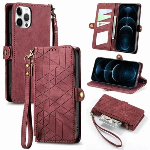 Funda de Cuero para iPhone 12 Pro Max con Cremallera Geométrica y Hebilla Lateral (Rojo)