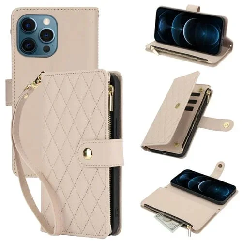 Funda de Cuero para iPhone 12 Pro Max Ym016 con Billetera, Tarjeta, Cremallera y Cordón (Albaricoque)