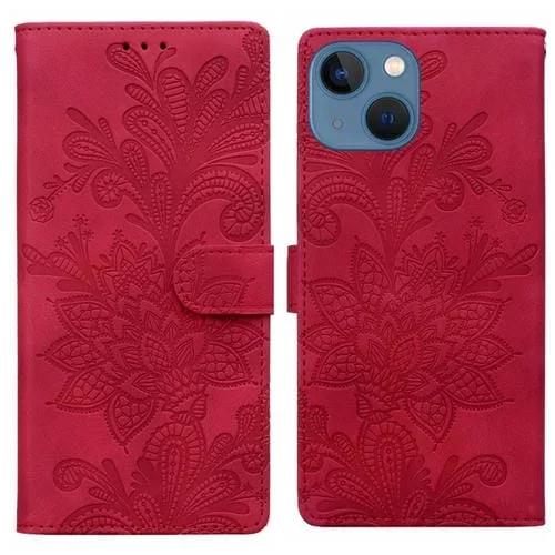 Funda de Cuero para iPhone 13/14 con Hebilla Magnética y Diseño Floral En Relieve (Rojo)