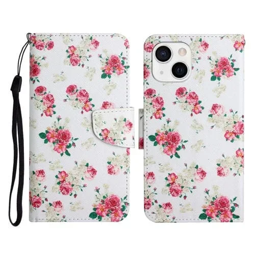 Funda de Cuero para iPhone 13 Mini con Tapa Horizontal, Soporte, Ranura para Tarjeta y Billetera (Flor de Peonía Roja)