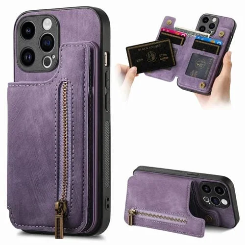 Funda de Cuero para iPhone 13 Pro con Cremallera y Billetera (Púrpura)