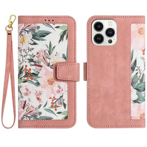 Funda de Cuero para iPhone 13 Pro Max Estampado Floral con Cordón (Rosa)