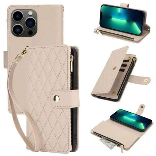 Funda de Cuero para iPhone 13 Pro Max Ym016 con Billetera, Tarjeta, Cremallera Rómbica y Cordón (Albaricoque)