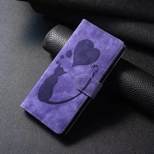 Funda de Cuero para iPhone 13 Pro Pen Heart Cat en Relieve (Púrpura)