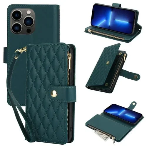Funda de Cuero para iPhone 13 Pro Ym016 con Billetera, Tarjeta, Cremallera Rómbica y Cordón (Verde)