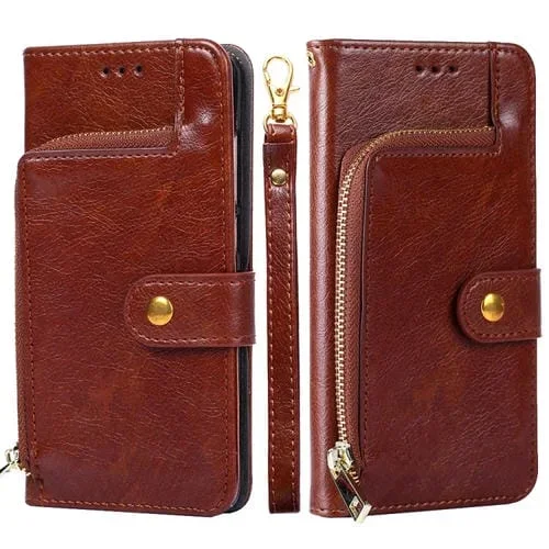 Funda de Cuero para iPhone 13 Pro Zipper Bag PU + TPU con Tapa Horizontal Soporte Ranura Tarjeta Billetera Cordón (Marrón)