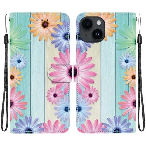 Funda de Cuero para iPhone 14 con Dibujo de Colores y Textura de Cristal (Girasoles)
