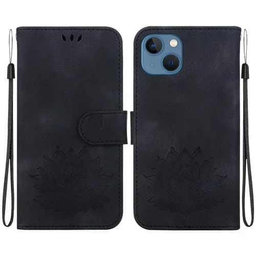 Funda de Cuero para iPhone 14 con Relieve de Loto (Negro)