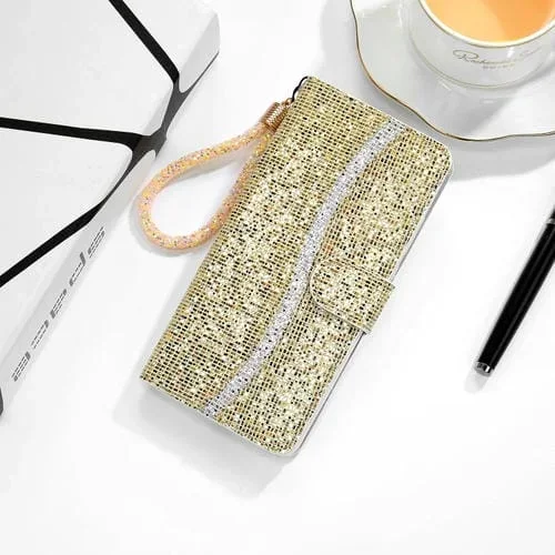 Funda de Cuero para iPhone 14 Glitter Powder con Tapa Horizontal (Oro)