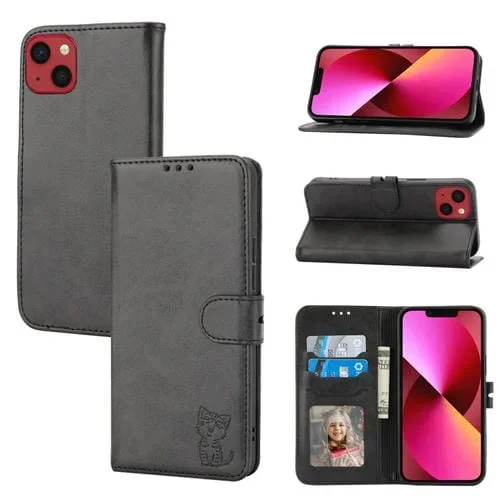 Funda de Cuero para iPhone 14 Happy Cat Pattern Flip en Relieve (Negro)