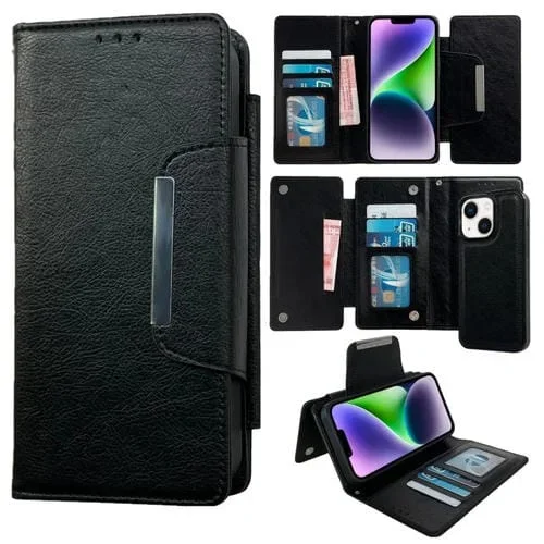 Funda de Cuero para iPhone 14 Plus con Billetera Multifuncional para 7 Tarjetas (Negro)