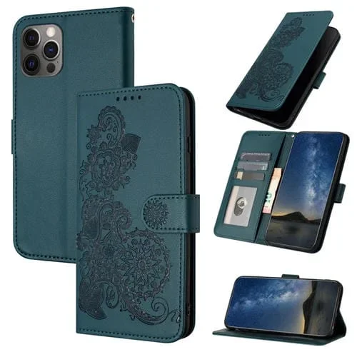Funda de cuero para iPhone 14 Pro Max Datura Flower con tapa en relieve (Verde oscuro)