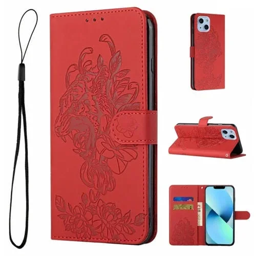 Funda de Cuero para iPhone 14 Tiger Flower Repujado para Teléfono (Rojo)