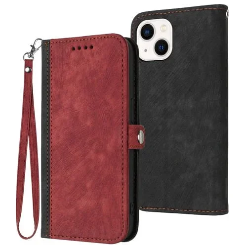 Funda de Cuero para iPhone 15 con Correa de Mano Doble Pliegue y Hebilla Lateral (Rojo)