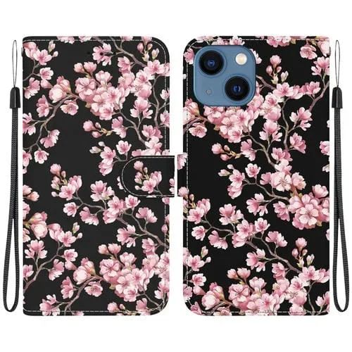 Funda de Cuero para iPhone 15 con Dibujo Coloreado y Textura de Cristal (Flor de Ciruelo)