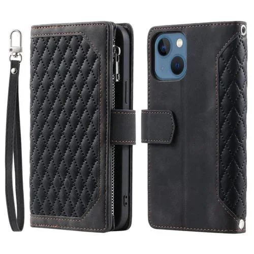Funda de Cuero para iPhone 15 Grid Texture con Cremallera y Cordón (Negro)