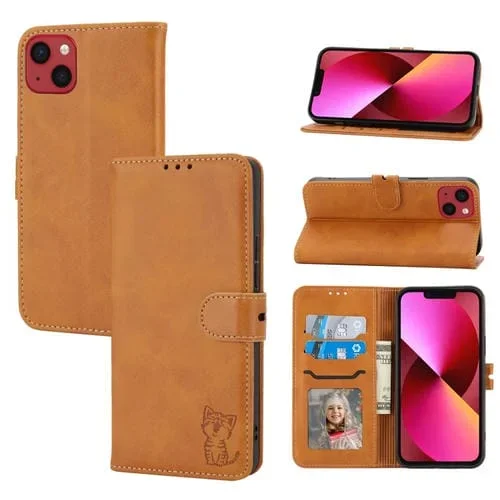 Funda de Cuero para iPhone 15 Happy Cat Pattern Flip En Relieve (Amarillo)