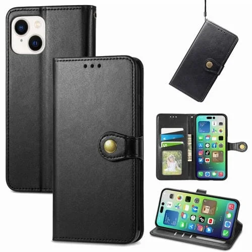 Funda de Cuero para iPhone 15 Plus con Hebilla Color Sólido Retro (Negro)