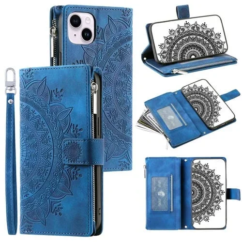 Funda de Cuero para iPhone 15 Plus Multi-Card Totem con Cremallera (Azul)