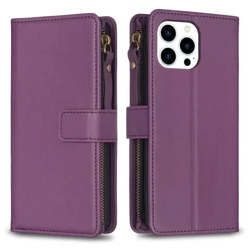 Funda de Cuero para iPhone 15 Pro Cartera con 9 Ranuras para Tarjetas Cremallera y Tapa (Morado Oscuro)