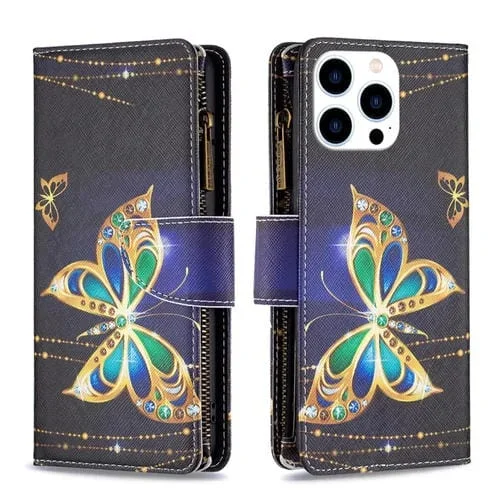 Funda de cuero para iPhone 15 Pro con cremallera y patrón de dibujo coloreado (Mariposa Grande)