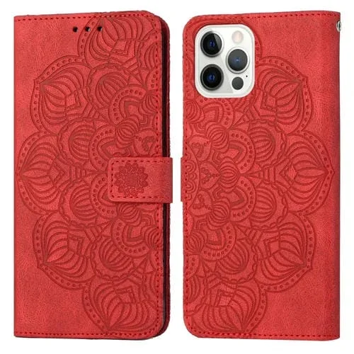 Funda de Cuero para iPhone 15 Pro Mandala con Tapa En Relieve (Rojo)