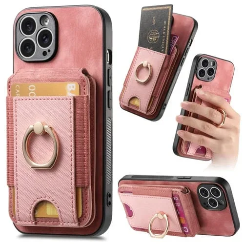 Funda de Cuero para iPhone 15 Pro Max con Soporte Magnético Divisible Retro y Bolsa para Tarjetas (Rosa)