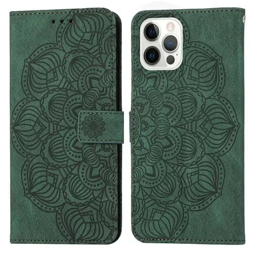 Funda de Cuero para iPhone 15 Pro Max Mandala con Tapa en Relieve (Verde)