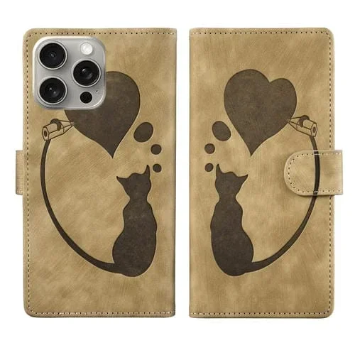 Funda de Cuero para iPhone 15 Pro Max Pen Heart Cat En Relieve (Albaricoque)