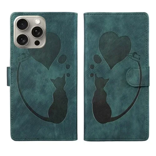 Funda de Cuero para iPhone 15 Pro Max Pen Heart Cat en Relieve (Verde)