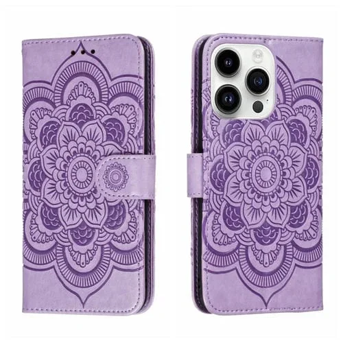 Funda de Cuero para iPhone 15 Pro Max Sun Mandala con Relieve (Púrpura)