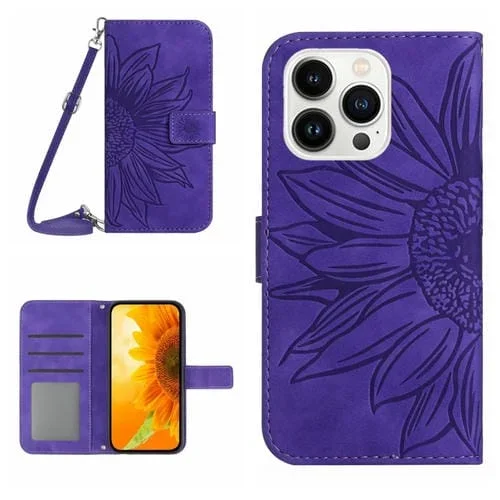 Funda de Cuero para iPhone 15 Pro Skin Feel Sun Flower con Tapa en Relieve y Cordón (Púrpura Oscuro)