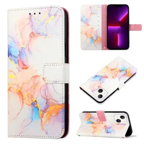 Funda de Cuero para iPhone 15 Pt003 con Tapa y Patrón de Mármol (Blanco)