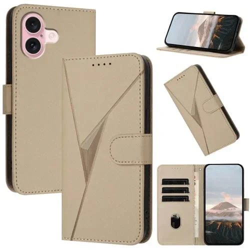 Funda de Cuero para iPhone 16 con Cierre de Hebilla y Diseño Triangular (Dorada)