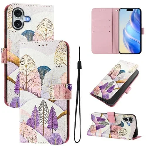 Funda de Cuero para iPhone 16 con Diseño de Dibujo Artístico en Color (Paisaje)