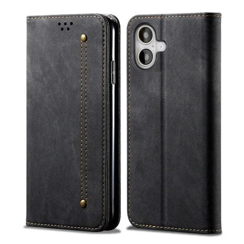 Funda de Cuero para iPhone 16 con Tapa Horizontal Estilo Casual Textura Vaquera (Negro)