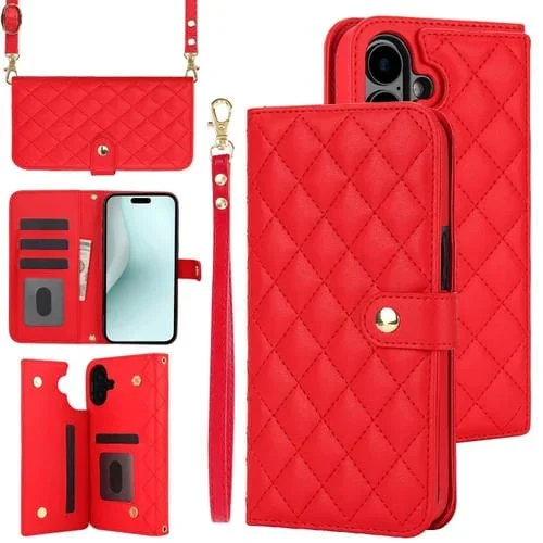 Funda de Cuero para iPhone 16 Forma de Rombos Multifunción (Rojo)