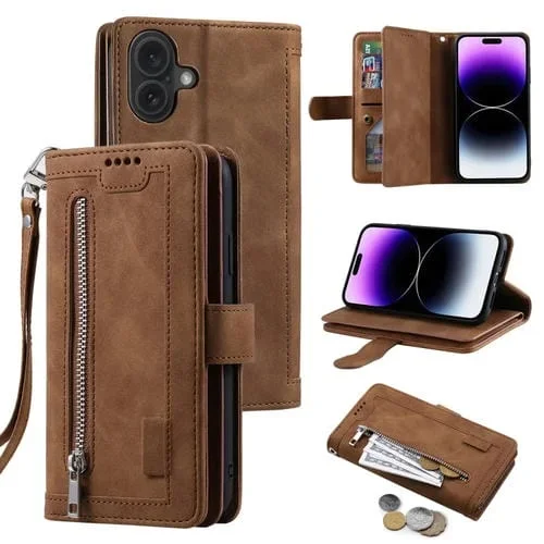 Funda de Cuero para iPhone 16 Plus con Bolsa con Cremallera y Nueve Tarjetas con Cordón (Marrón)