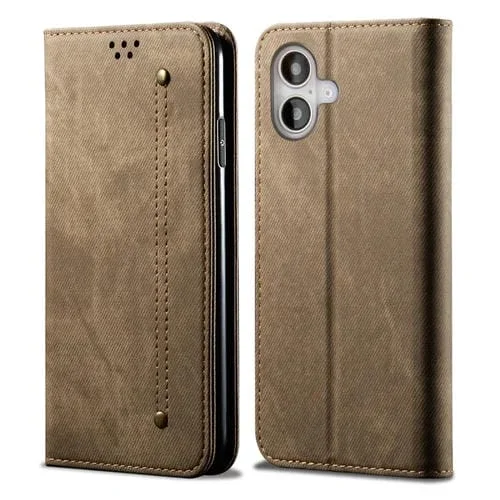 Funda de Cuero para iPhone 16 Plus con Tapa Horizontal Estilo Casual Textura Vaquera (Caqui)