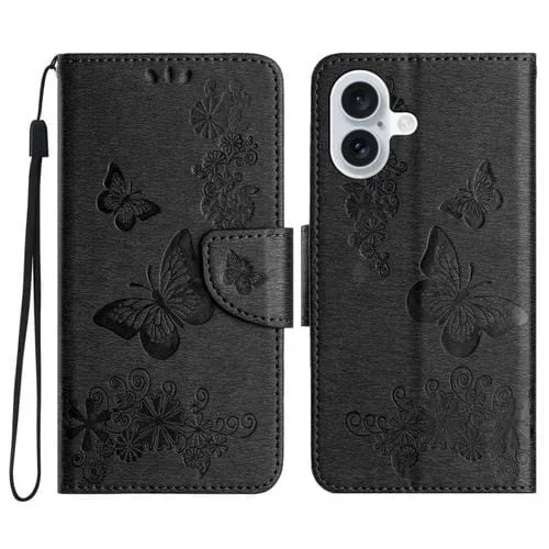 Funda de Cuero para iPhone 16 Plus con Tapa y Relieve de Mariposa (Negro)