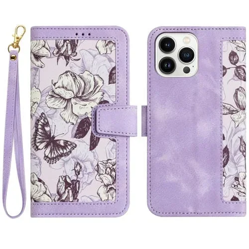 Funda de Cuero para iPhone 16 Pro con Estampado Floral y Cordón (Morado Claro)