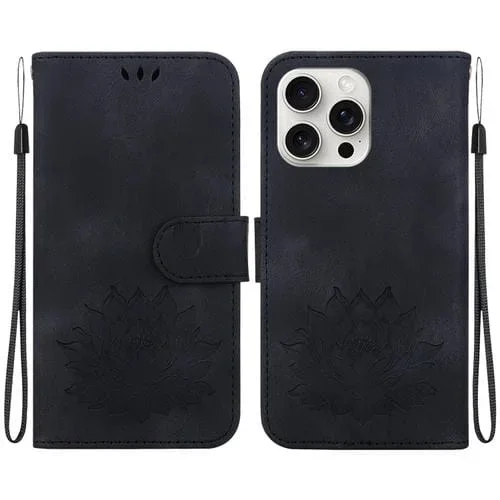 Funda de Cuero para iPhone 16 Pro con Relieve de Loto (Negro)