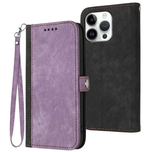 Funda de Cuero para iPhone 16 Pro Max con Correa de Mano y Hebilla Lateral Doble (Morado)