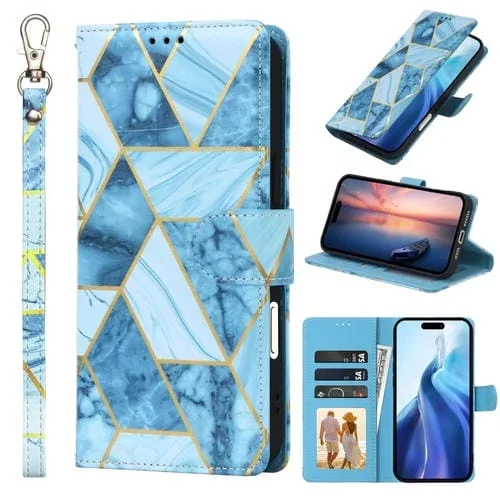 Funda de Cuero para iPhone 16 Pro Max con Costuras en Bronce y Mármol (Azul)