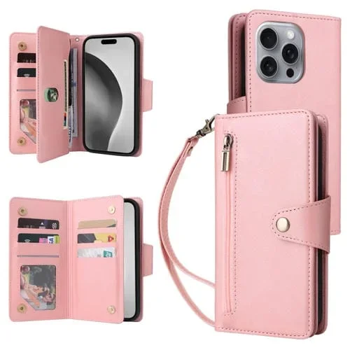 Funda de Cuero para iPhone 16 Pro Max con Tres Pliegues y Hebilla de Remache (Oro Rosa)